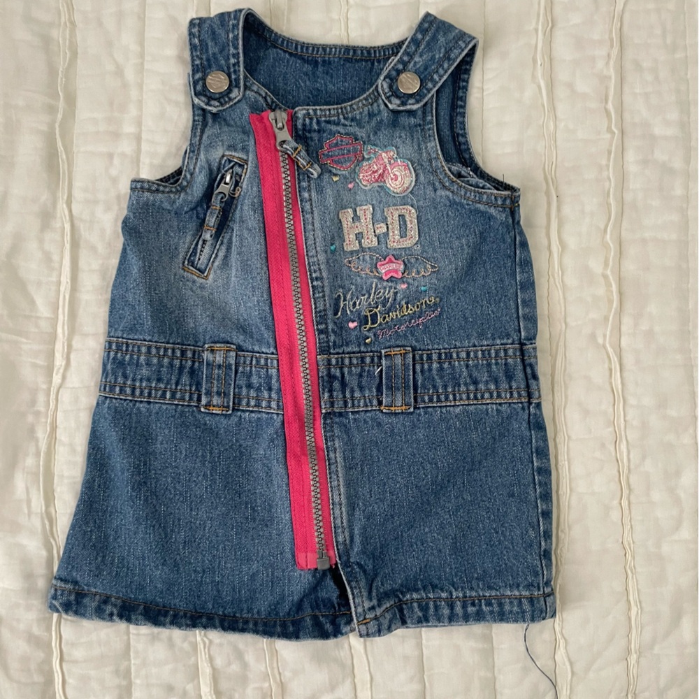 Harley Davidson y2k Vintage Baby Toddler Girl Denim Dress with Pink Zipper